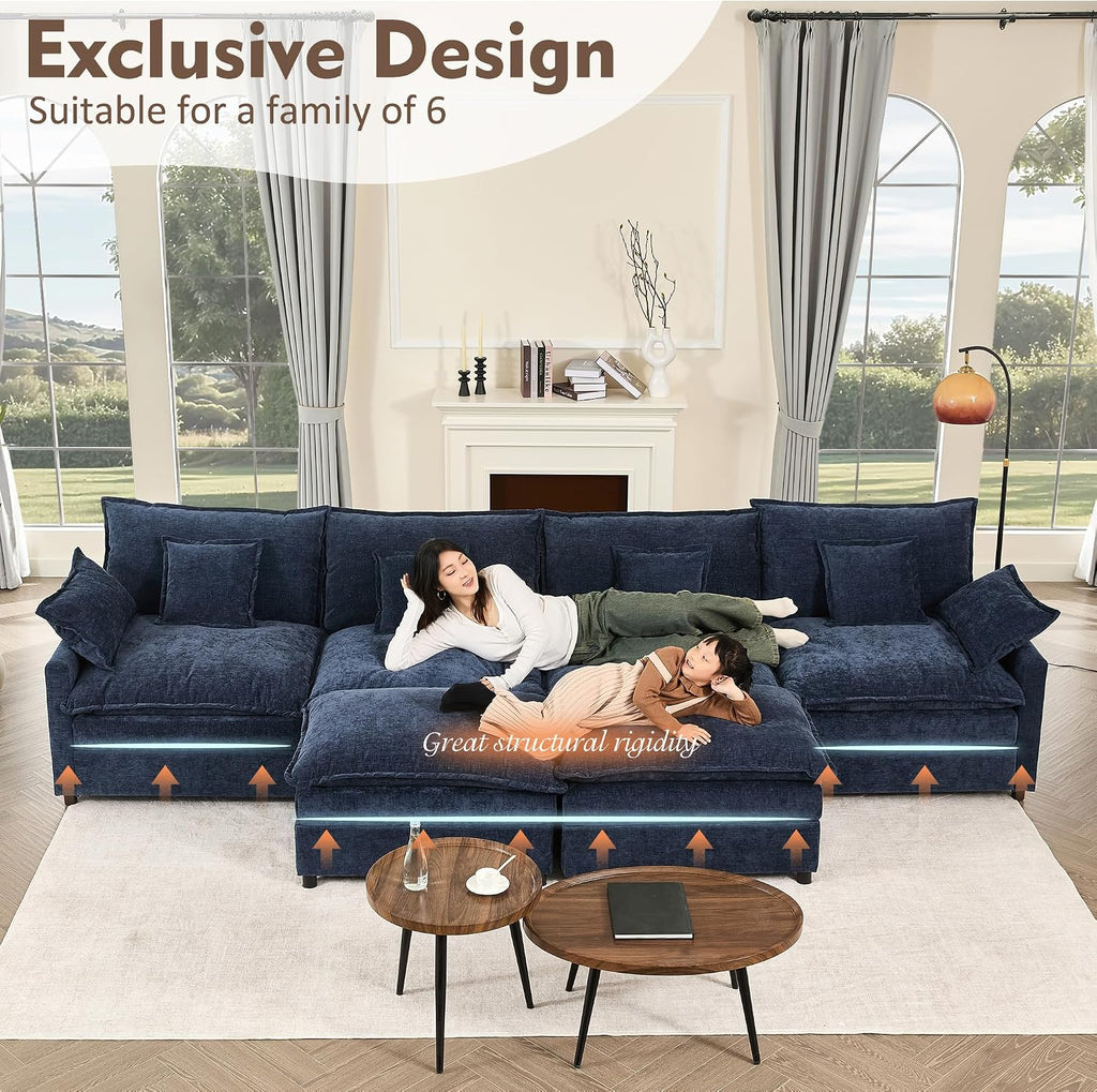 GOSUHI 142.5' U Shaped Couch, Modular Sectional Sofa, 3-Seater Comfy Cloud Couch, Set of Modular Pieces with Movable Ottoman, Deep Seat Couches for Living Room, Chenille, Navy