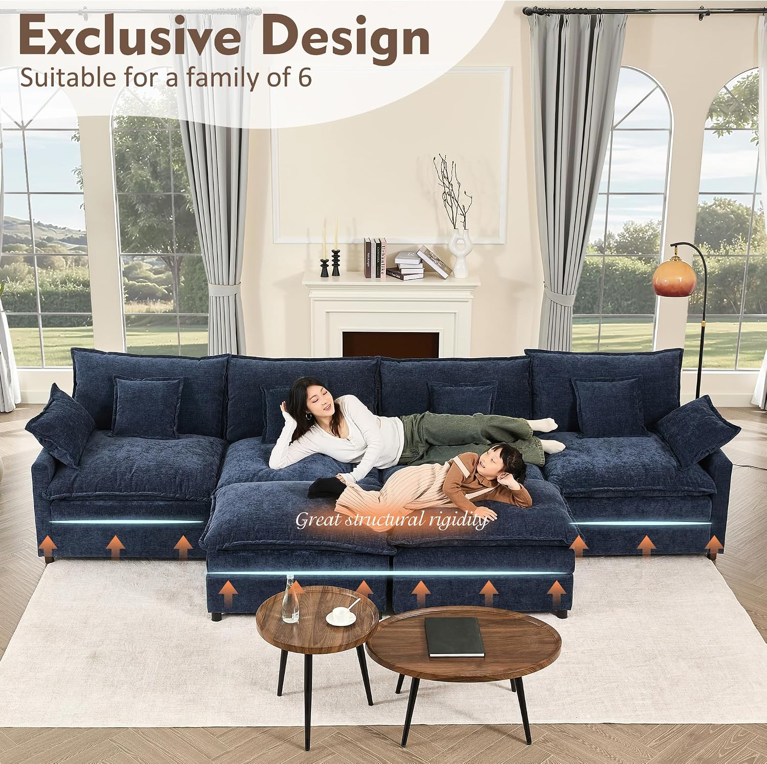 GOSUHI 142.5' U Shaped Couch, Modular Sectional Sofa, 3-Seater Comfy Cloud Couch, Set of Modular Pieces with Movable Ottoman, Deep Seat Couches for Living Room, Chenille, Navy
