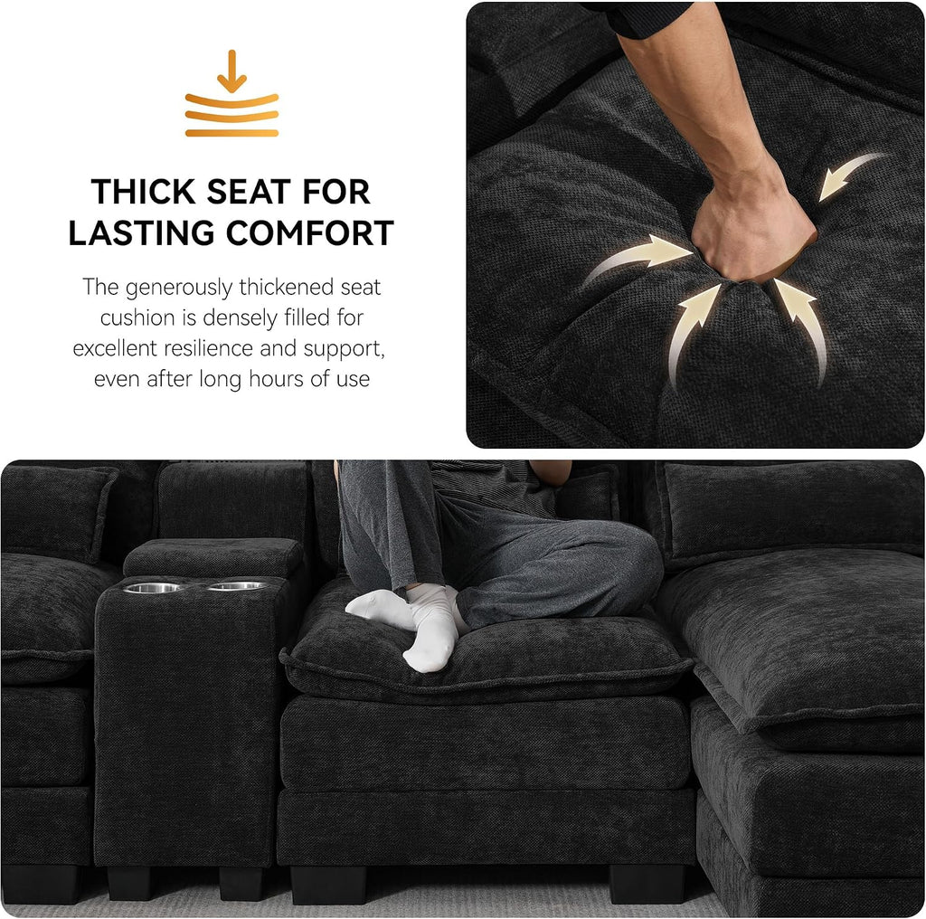 125'' U Shaped Cloud Modular Sofa with Chaise Lounges, Chenille Upholstered Comfy Sectional Couch with Storage Console, USB Charging Ports & Cup Holders, Small Deep Seat Sofa for Living Room, Black