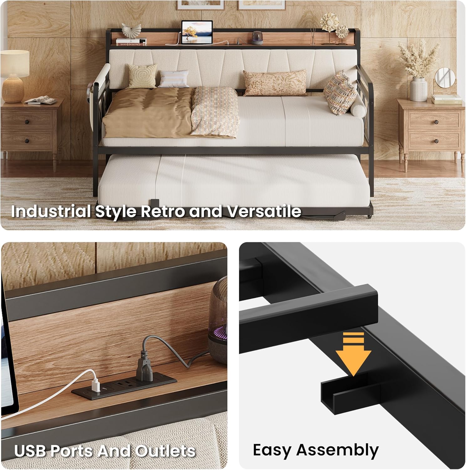 LIKIMIO Twin Daybed, Day Bed with Trundle, Storage Upholstered Headboard and Charging Station, Trundle Bed with Strong Supports for Living Room, Bedroom, and Guest Room, Beige