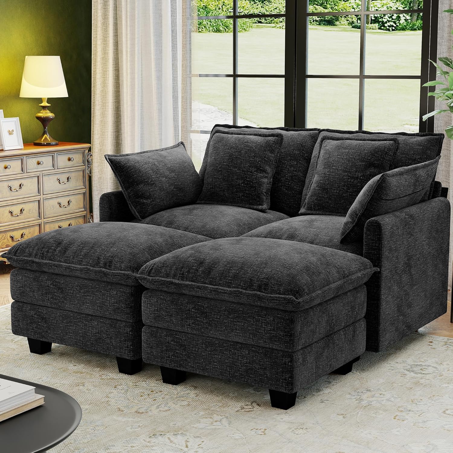58' Cloud Couch Loveseat, Deep Seat Modular Sectional Sofa with 4 Removable Washable Pillows and 2 Ottoman for Living Room, Bedroom, Apartment, Black