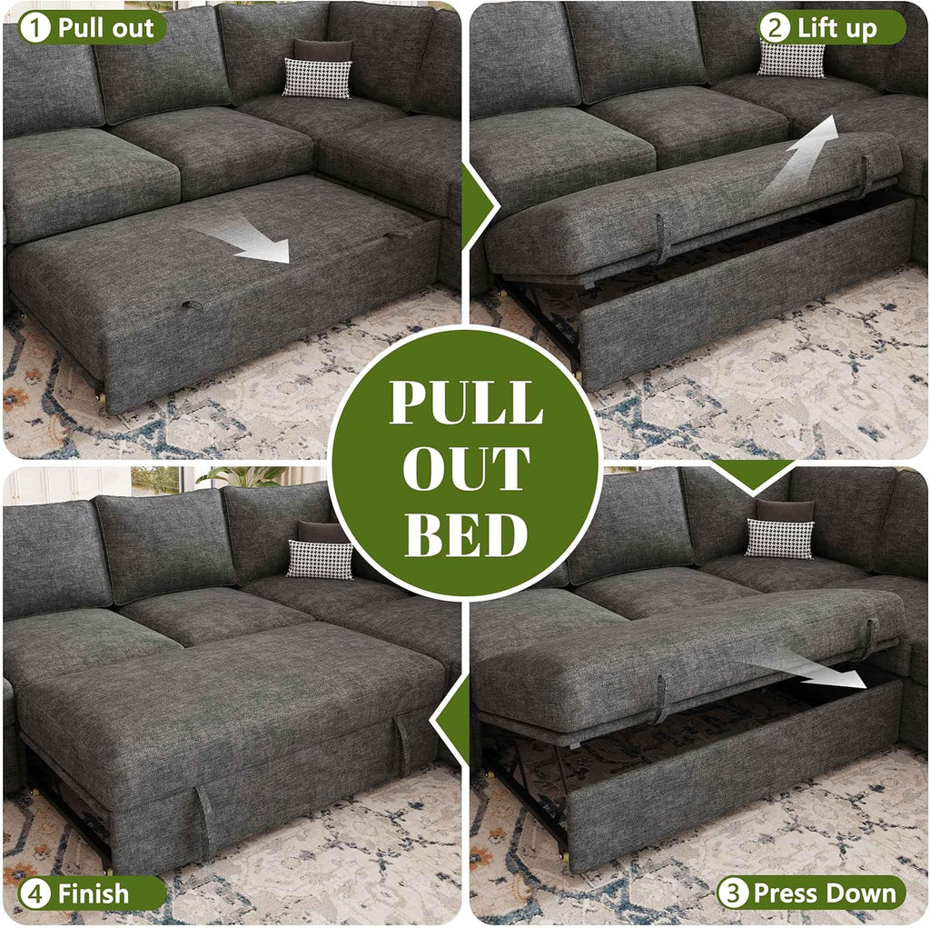 108 Inch Sectional Sleeper Sofa with Pull Out Bed, U Shaped 7 Seat Modular Sectional Sofa with Storage, Sectional Couches for Living Room, Cloud Modular Couch,Removable Sofa Cover, Dark Grey