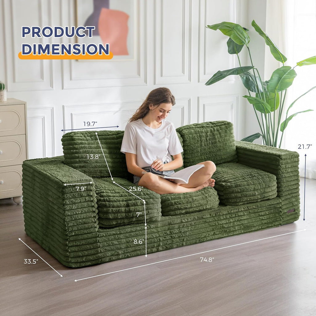 MAXYOYO 3-Seater Boneless Sofa Couch in a Box, Modern Faux Fur Sofa for Living Room, Soft High-Density Foam Couch with Pillows, Fluffy & Supportive Lounge, No Assembly Required, Green