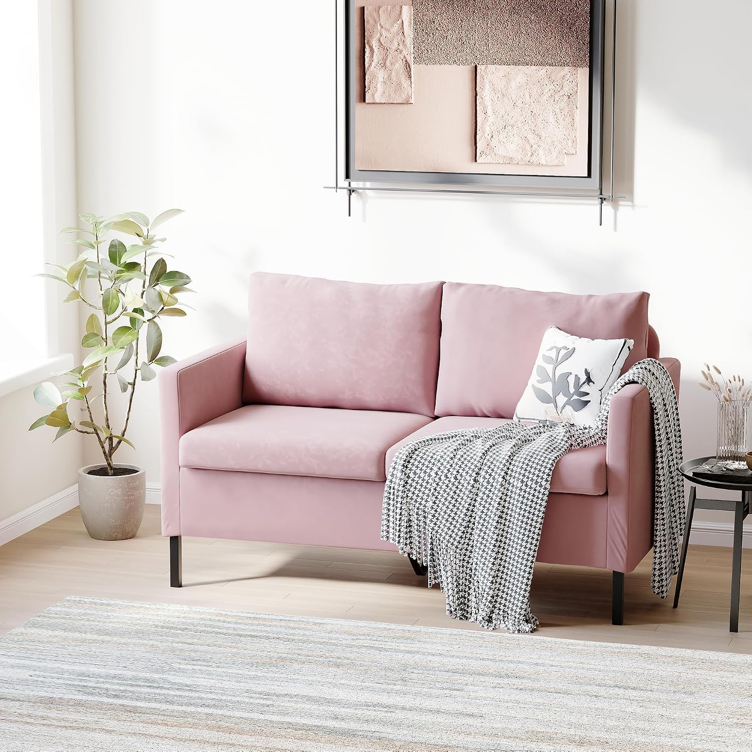 TYBOATLE Love Seat Mid Century Modern Small Loveseat for Living Room, 51' W Mini Little Upholstered 2-Seater Love Seats w/Iron Legs for Compact Small Space, Apartment, Bedroom, Dorm, Office (Pink)