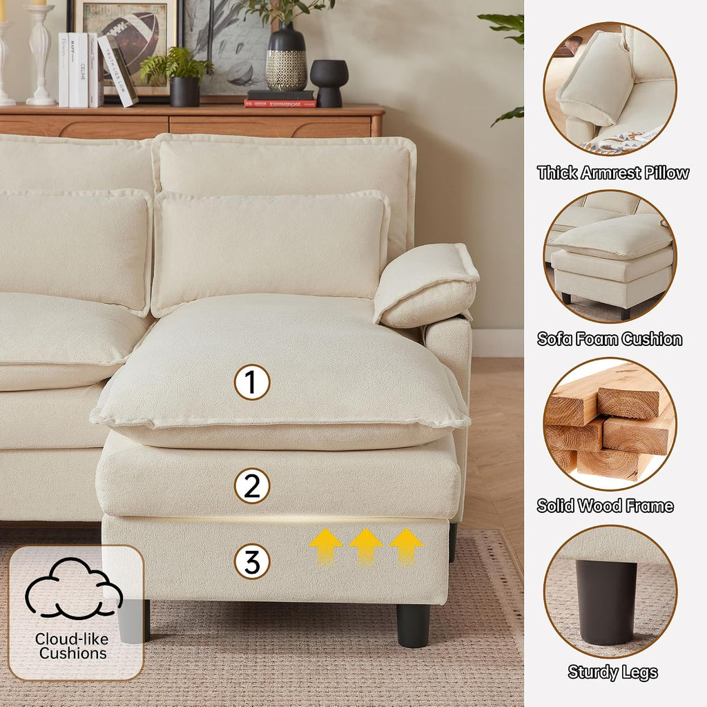Comfy Cloud Couch Sectional Sofa with Lumbar Pillows, 105' Modern U-Shaped Cloud Sofa with Double Chaise & Deep Seat, Sectional Couches for Living Room, Office, Easy Assembly, Beige