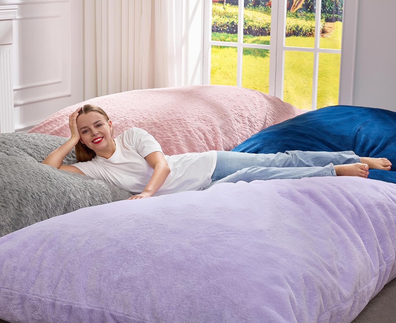 Hobestluk 3 in 1 Bean Bag Chair Giant Bean Bag Chairs for Adults with Chevron Plush Fur Cover Convertible Bean Bag Floor Cushion with Machine Washable Cover for Living Room (Chevron Plush Pink)