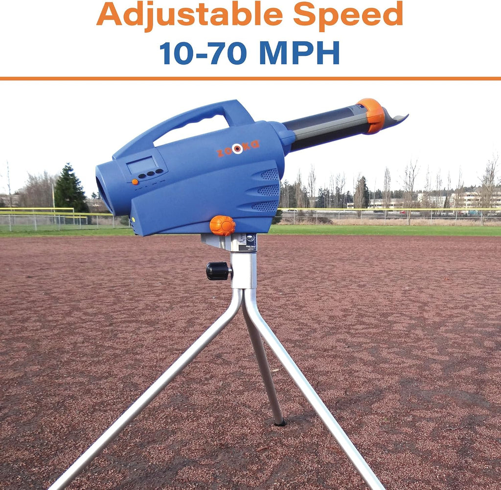 Zooka ZS740 Baseball Pitching Machine - Throws Balls 10-70 MPH- Cordless Battery Powered Pitching Machine for Kids, Youth, Adults - Adjustable Pitching Machine Baseballs - Tall Telescoping Tripod