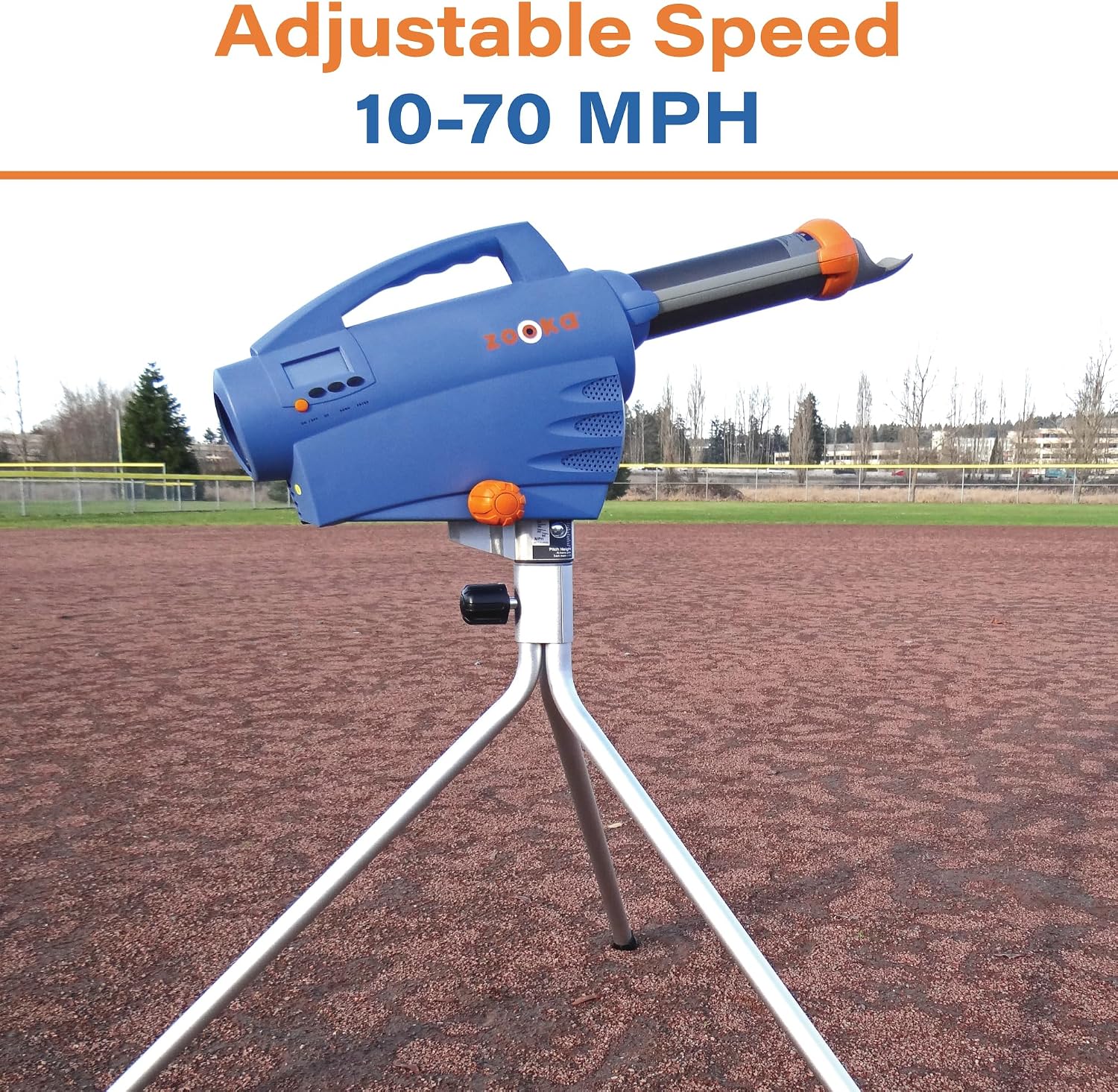 Zooka ZS740 Baseball Pitching Machine - Throws Balls 10-70 MPH- Cordless Battery Powered Pitching Machine for Kids, Youth, Adults - Adjustable Pitching Machine Baseballs - Tall Telescoping Tripod