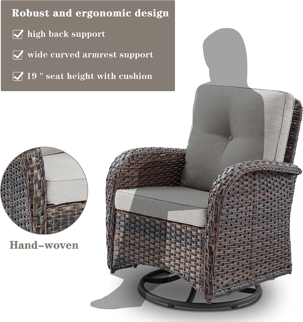 Belord Patio Furniture Swivel Glider PE Wicker Chairs, Outdoor Swivel Rocker Seating with Cushions for Porch Deck Balcony, Brown/Beige