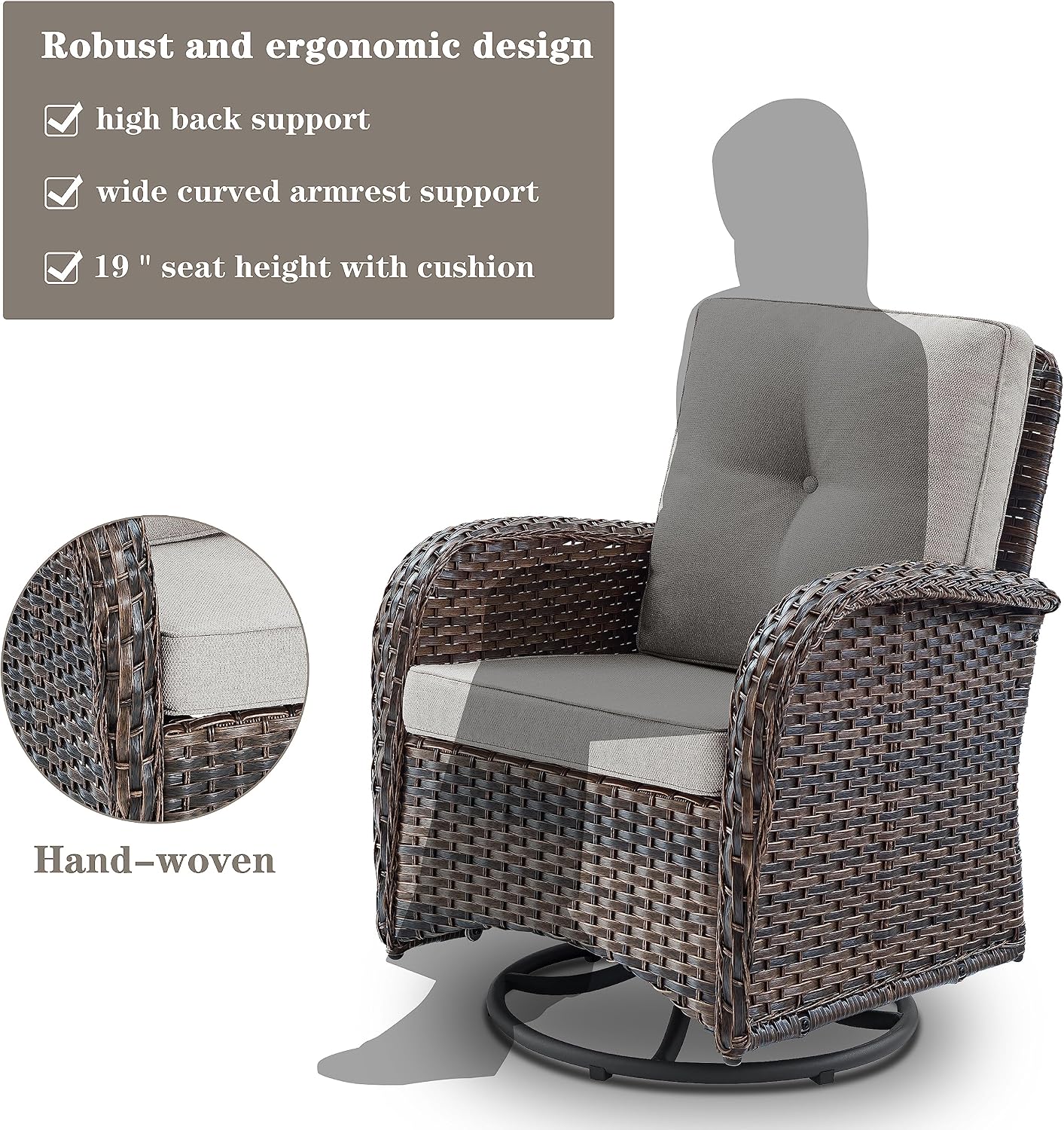 Belord Patio Furniture Swivel Glider PE Wicker Chairs, Outdoor Swivel Rocker Seating with Cushions for Porch Deck Balcony, Brown/Beige