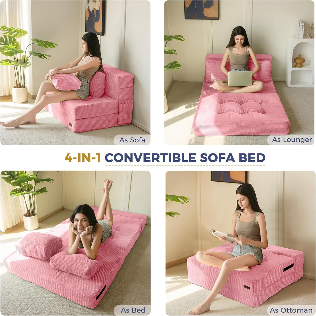 MAXYOYO Convertible Sofa Bed, Fold Out Loveseat Sleeper Sofa with Pillow, 4 in 1 Tufted Folding Couch Bed Foam Floor Couch, Lazy Chair for Living Room Bedroom Guest Room, Pink