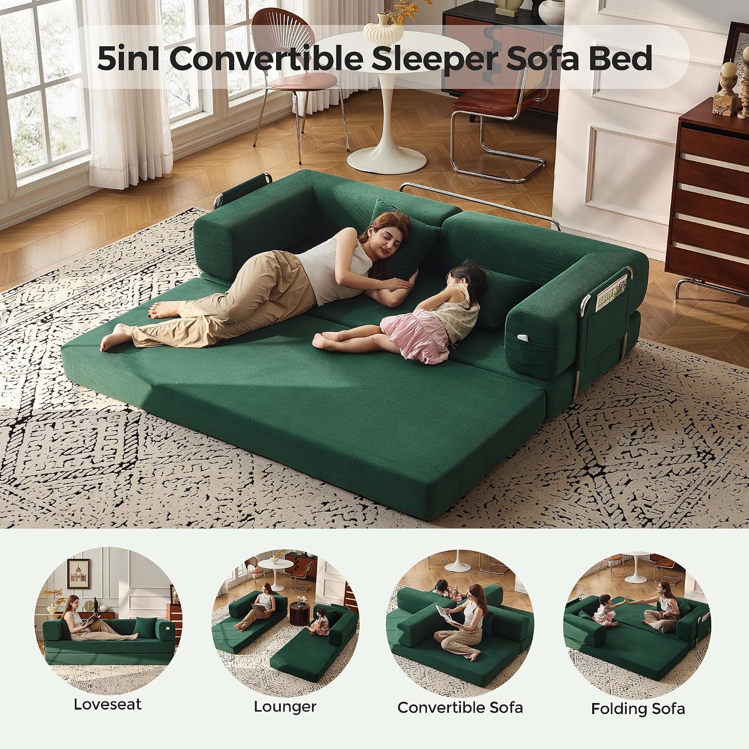 Carzzi-Life 79' Convertible Sofa Bed with Pillows, Corduroy Folding Sleeper Sofa with Fixed-Shape Frame, Boneless Couch for Living Room Bedroom, Floor Sofa Lounge No Assembly Required (Green)