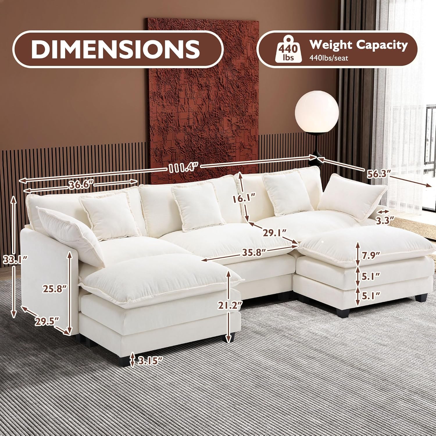 Ihanherry 111.4' U Shaped Cloud Couch Modern Modular Sectional Sofa with 2 Ottoman, 5-Seat Chenille Deep Seat Sofa with 5 Pillows for Living Room, Bedroom and Apartment, Beige