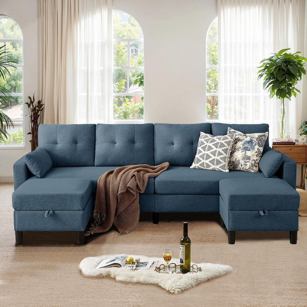 101' Sectional Sofa 4 Seat U Shaped Couch with Storage Ottoman for Living Room, Reception Room ect, Combination Sectional Couch with Movable Ottoman Sets, Blue