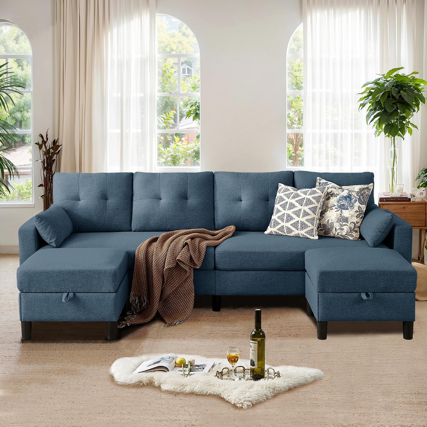101' Sectional Sofa 4 Seat U Shaped Couch with Storage Ottoman for Living Room, Reception Room ect, Combination Sectional Couch with Movable Ottoman Sets, Blue