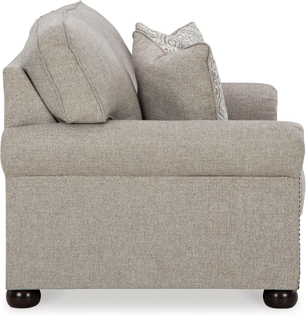 Signature Design by Ashley Gaelon Transitional Loveseat with Nailheads and 2 Accent Pillows, Beige