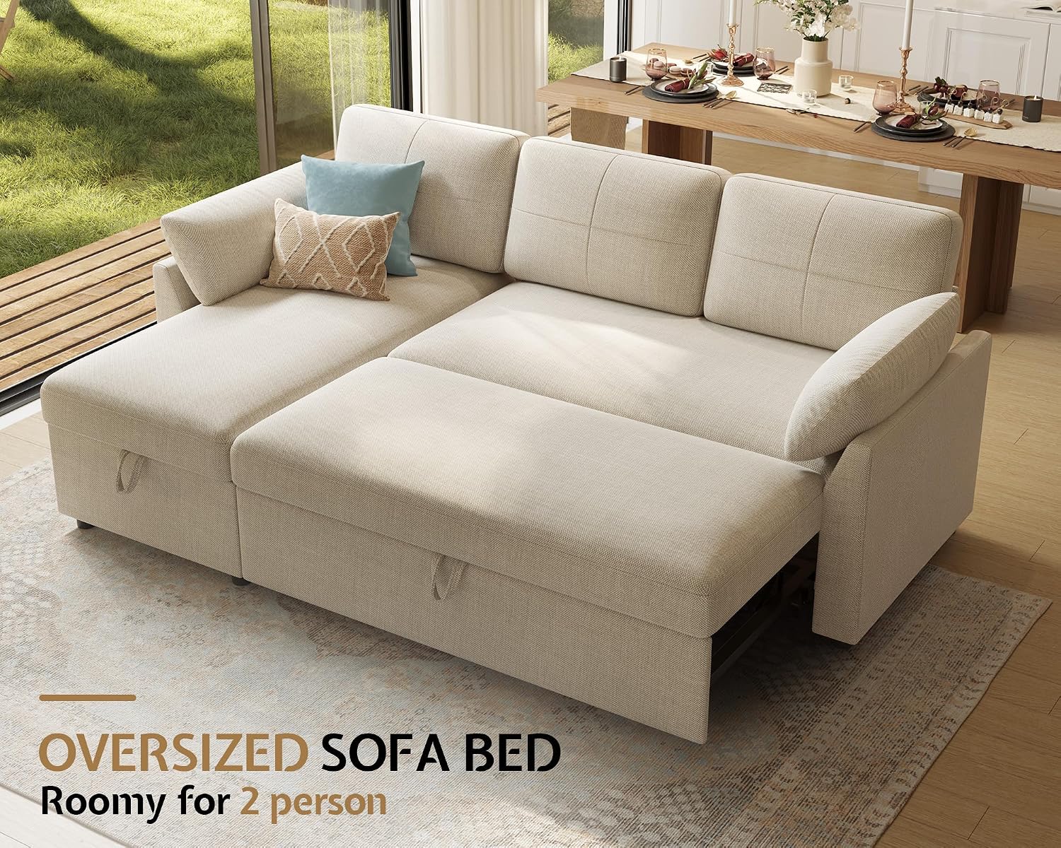 AMERLIFE Sofa Bed, 2-in-1 Sleeper Sofa with Storage Chaise, Pull Out Sofa Couch for Apartment Living Room, Linen Beige