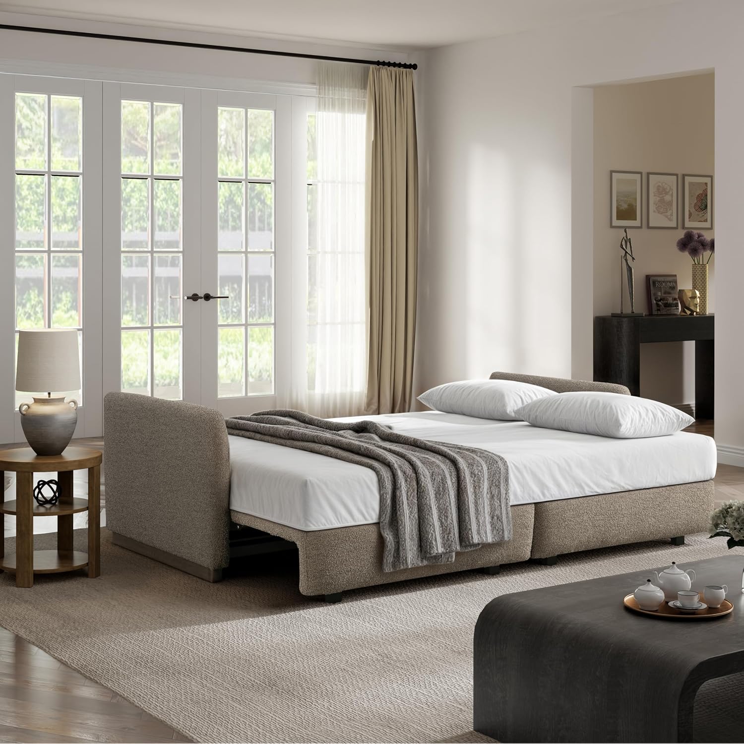 Serta Vail 86' Convertible Sleeper Sofa, Queen Size, Wall-Hugging Dreamglide Mechanism, Dreamcoil Comfort, Boucle Fabric, Brown