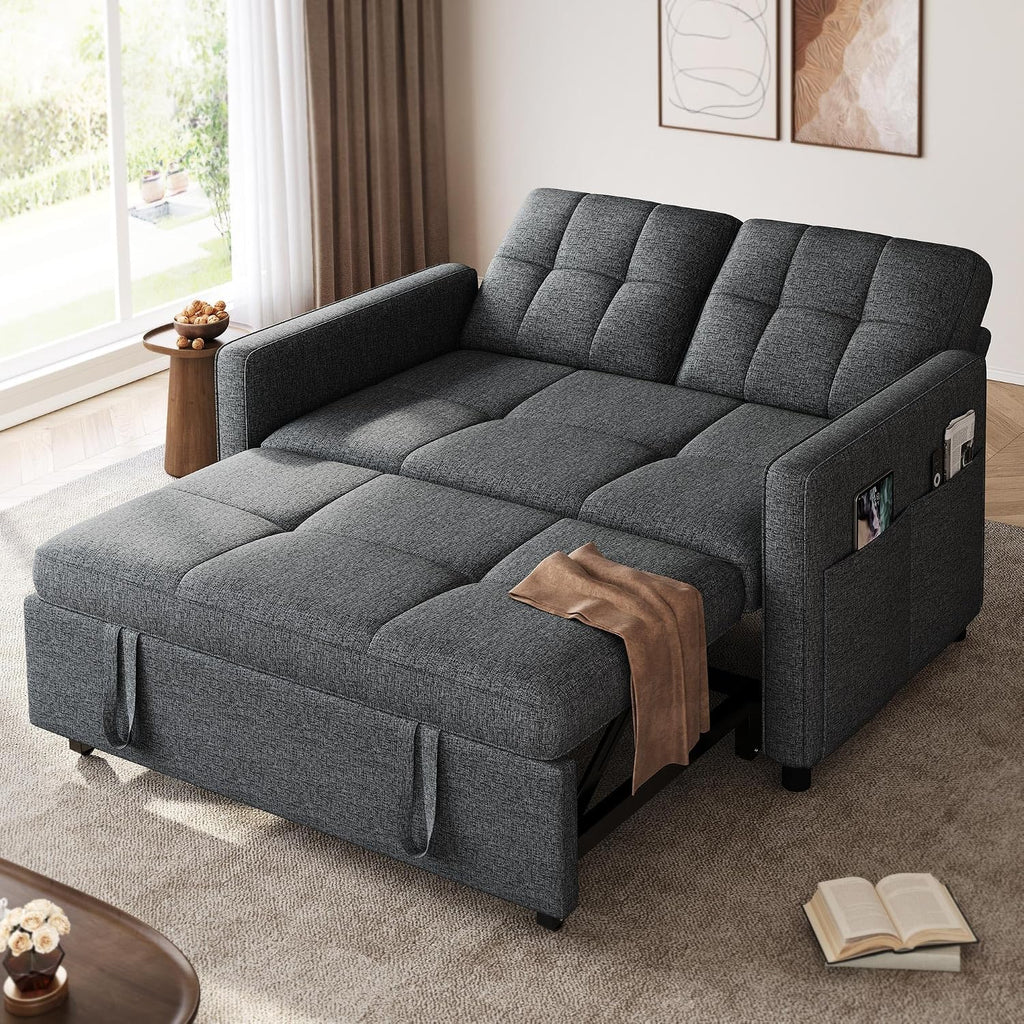 DWVO 55' Convertible Sofa Bed, 3-in-1 Sleeper Sofa with Pull-Out Bed, Linen Futon Couch with Adjustable Backrest and Side Pocket, Modern Loveseat for Living Room Apartment, Grey
