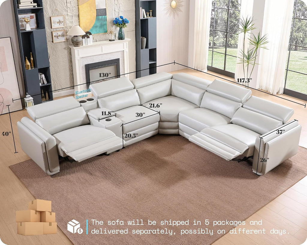 Amerlife Power Recliner Sectional Sofa, Reclining Sofa with Storage/USB Port, Leather Recliner Sofa with Adjustable Headrest, 5-Seat Reclining Sectional Couches with Console and Cup Holder, Light Grey