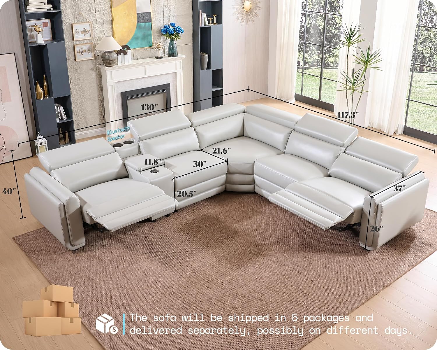 Amerlife Power Recliner Sectional Sofa, Reclining Sofa with Storage/USB Port, Leather Recliner Sofa with Adjustable Headrest, 5-Seat Reclining Sectional Couches with Console and Cup Holder, Light Grey