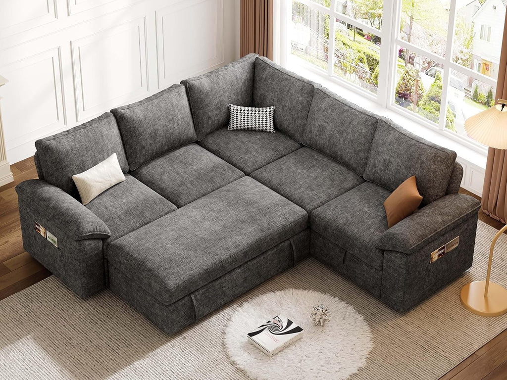 85 Inch Modular Sectional Sofa with Pull Out Bed,L Shaped 5 Seat Sectional Sleeper Sofa with Storage,Sectional Couches for Living Room,Cloud Modular Couch,Removable Sofa Cover, Dark Grey