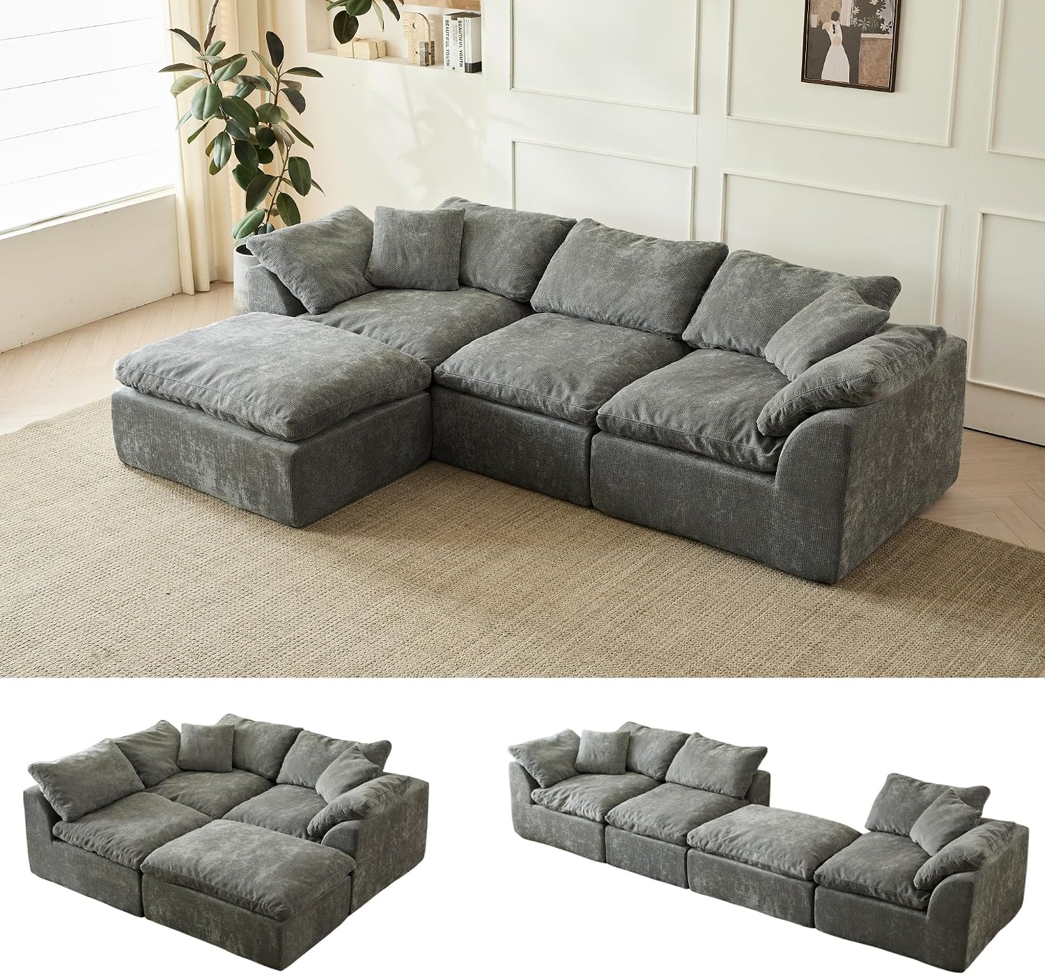 109' Modern Cloud Couches for Living Room, Deep Seat Convertible L-Shape Boneless Couch, Oversized Comfy 3-Seater Couch Chenille Fabric Compression Sofa Bed Modular Sectional Sofa,(Dark Grey)