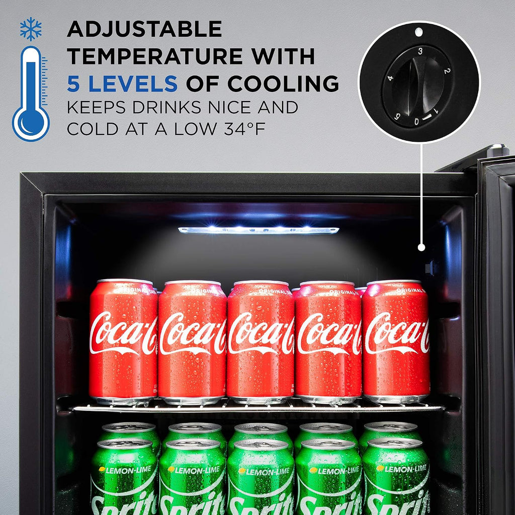 Ivation 101 Can Beverage Refrigerator , Freestanding Ultra Cool Mini Drink Fridge , Beer, Cocktails, Soda, Juice Cooler for Home and Office , Reversible Glass Door and Adjustable Shelving - Black,IVABC1010B