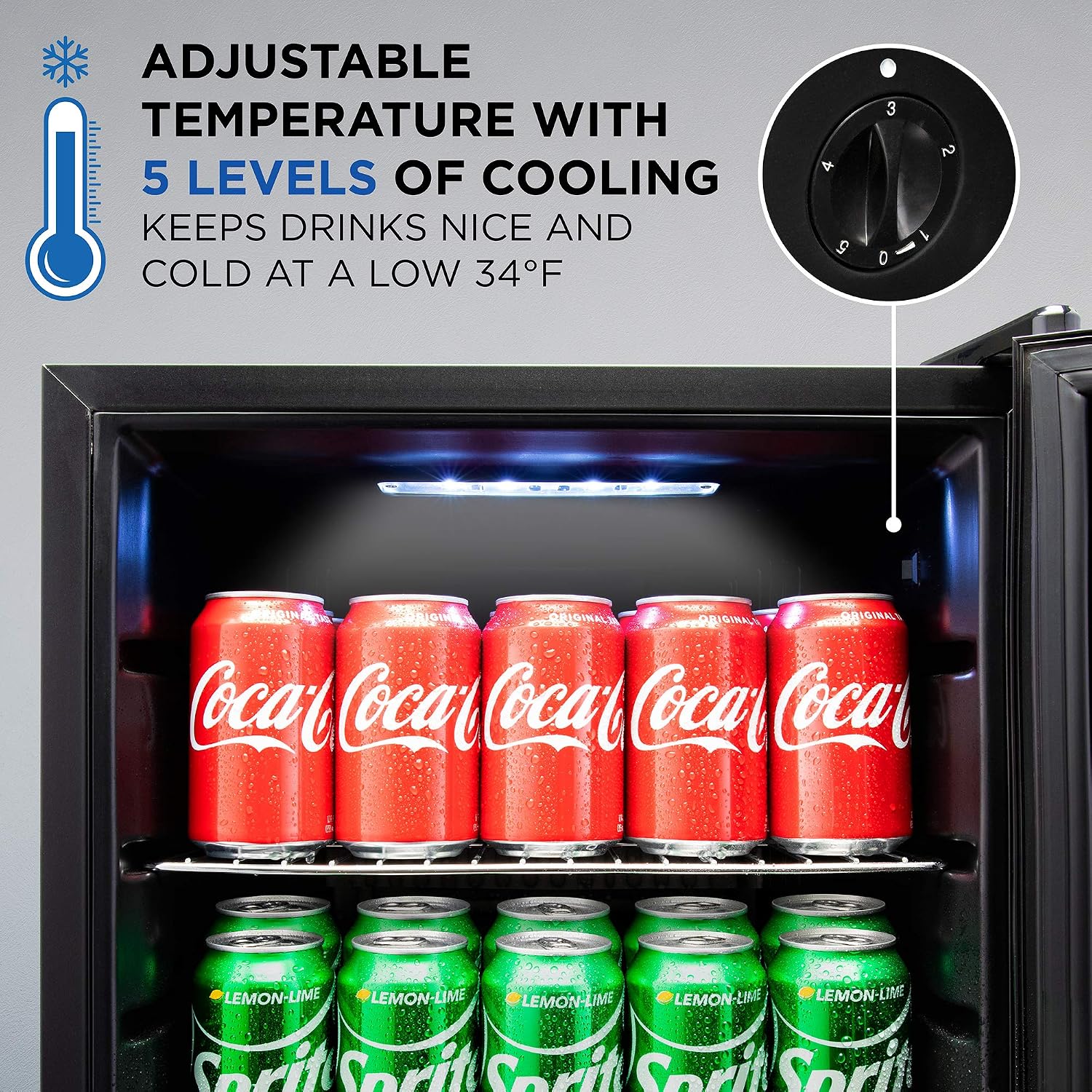 Ivation 101 Can Beverage Refrigerator , Freestanding Ultra Cool Mini Drink Fridge , Beer, Cocktails, Soda, Juice Cooler for Home and Office , Reversible Glass Door and Adjustable Shelving - Black,IVABC1010B