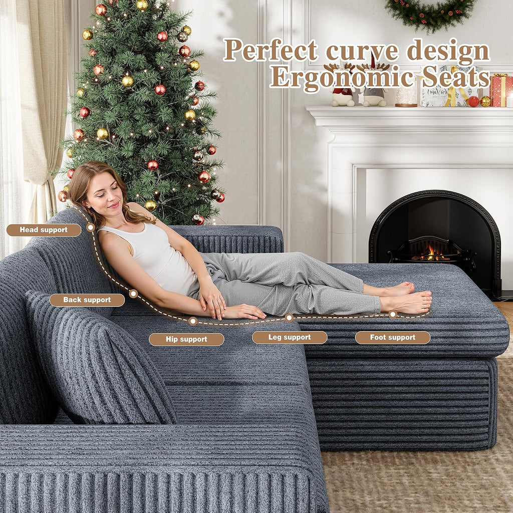 JAMFLY 105' Boneless Couches for Living Room Modular Sectional Sofa L-Shape Couch with Oversized Chaise, Cloud Couch Deep Seat Memory Foam Upholstered for Bedroom, Plush Corduroy Fabric, Drak Grey