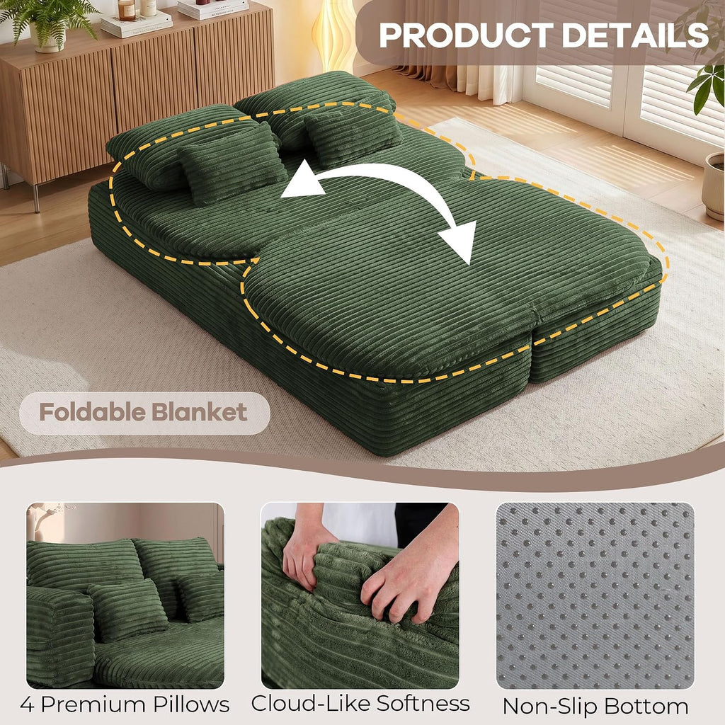75'' Folding Sleeper Sofa Bed, Convertible Memory Foam Boneless Couch, Foldable Full Size Guest Bed, Modern 2-in-1 Futon Floor Sleeper Sofa with 4 Pillows and Blanket (Corduroy, Green)