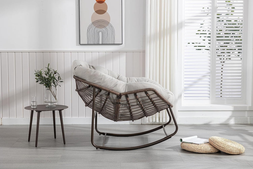 Oversized Indoor Outdoor Rocking Papasan Chair, Rattan Wicker Egg Rocking Chair with Steel Frame & Thick Olefin Cushion, Comfy Recliner Lounger for Patio, Backyard, Balcony, Garden,Beige
