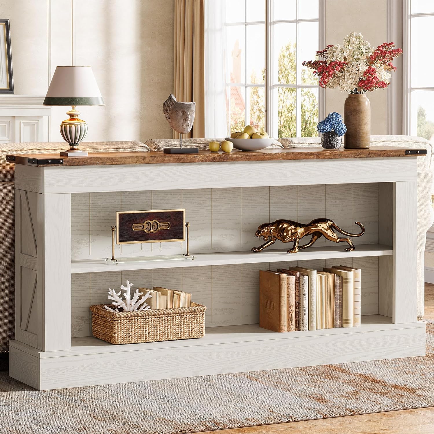 Tribesigns 63-Inch Long Console Table for Entryway, Narrow Long Entry Table with Shelves for Living Room, Farmhouse Sofa Console Behind Couch, for Foyer, Hallway, White and Brown