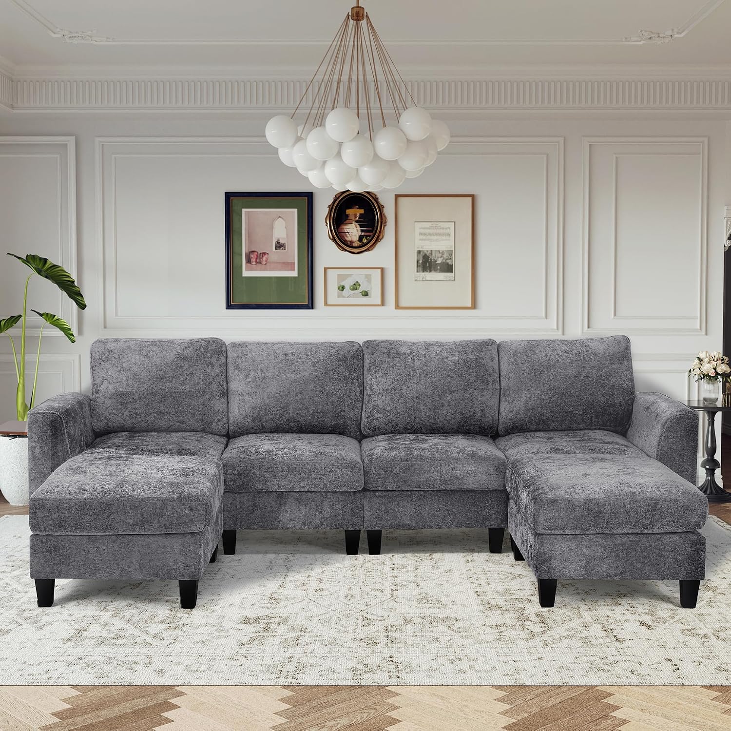 MALOL 118' U-Shaped Sectional Couch, 4-Seat Modular Sofa with USB Type C Ports, 2 Ottomans and Foldable Side Table, Grey for Living Room