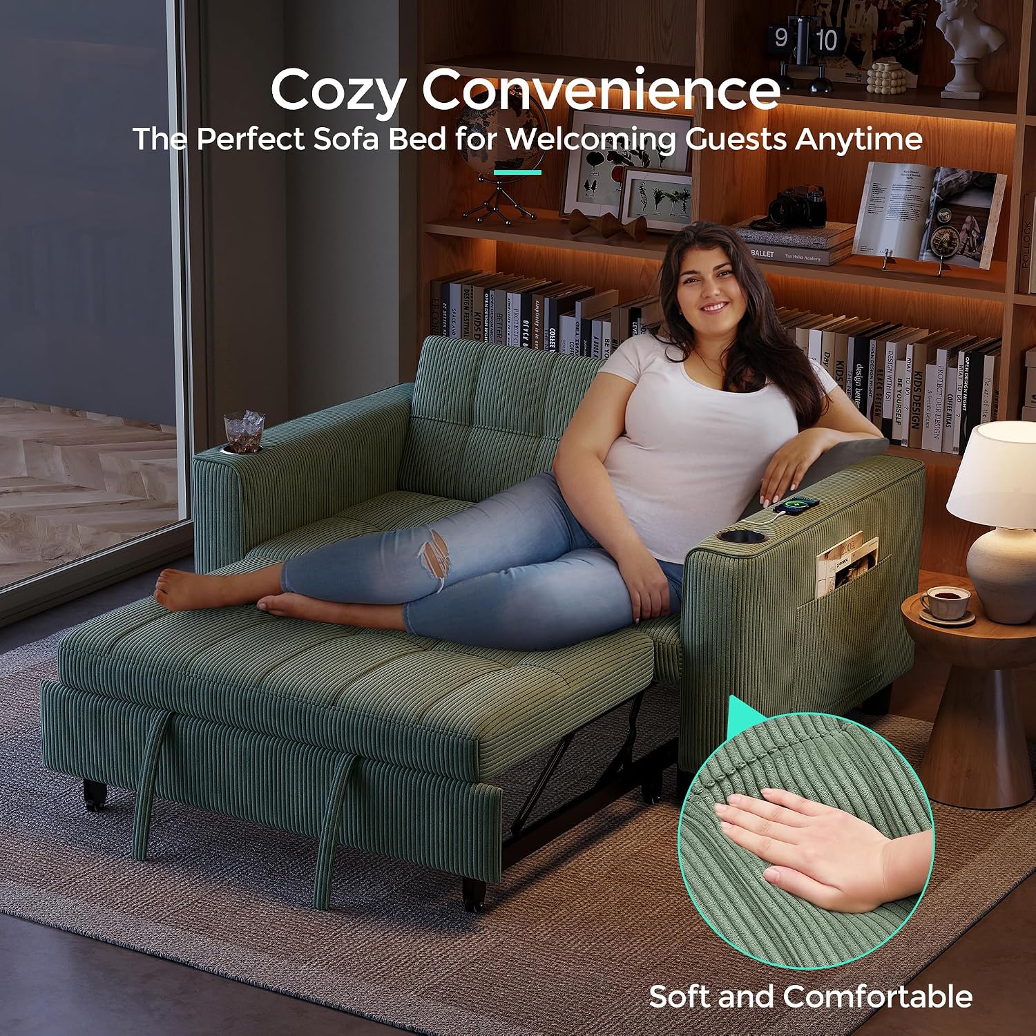 LINSY 54' Pull Out Couch with Charging Station - Sleeper Sofa Bed with Cup Holder, Small 3 in 1 Convertible Loveseat Sleeper Couch for Apartment, Dorm Room, Bedroom and Small Space, Olive Green
