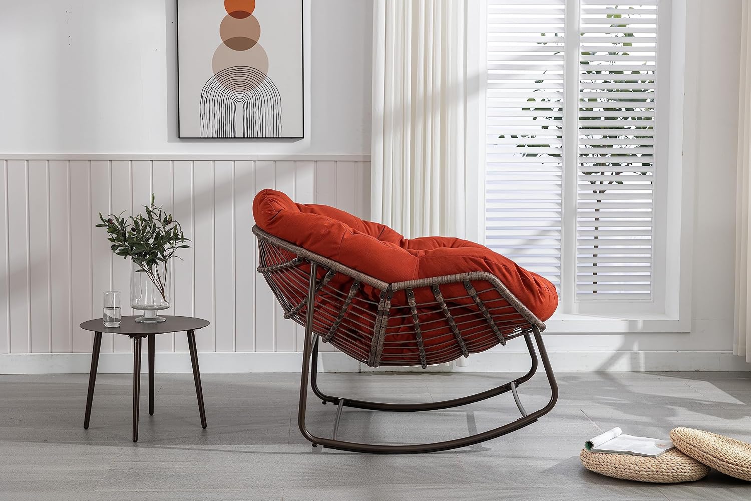 Outdoor Rattan Rocking Chair Oversized Papasan Recliner Lounger, Steel Frame & Thick Olefin Cushion, Indoor/Outdoor Use for Patio, Porch, Backyard, Garden, Balcony, Orange