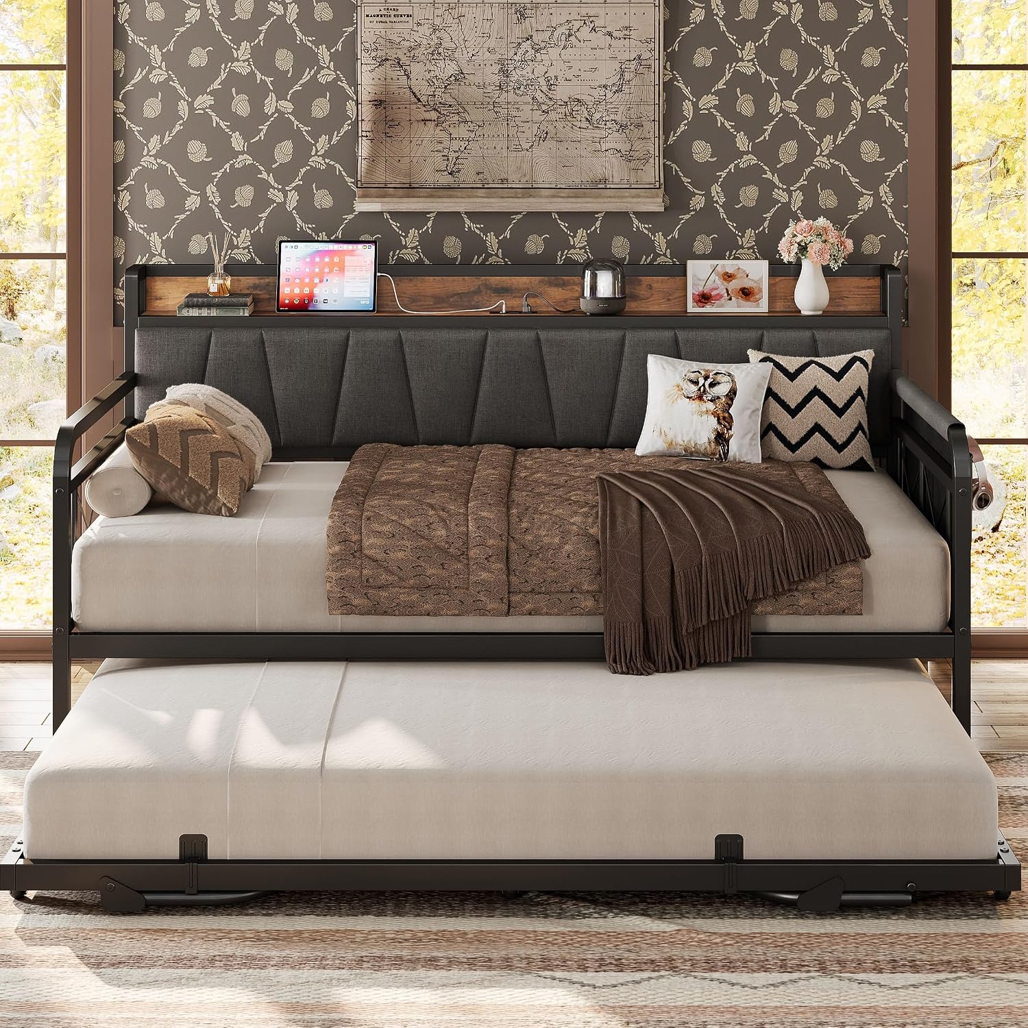 LIKIMIO Twin Daybed, Day Bed with Trundle, Storage Upholstered Headboard and Charging Station, Trundle Bed with Strong Supports for Living Room, Bedroom, and Guest Room, Grey