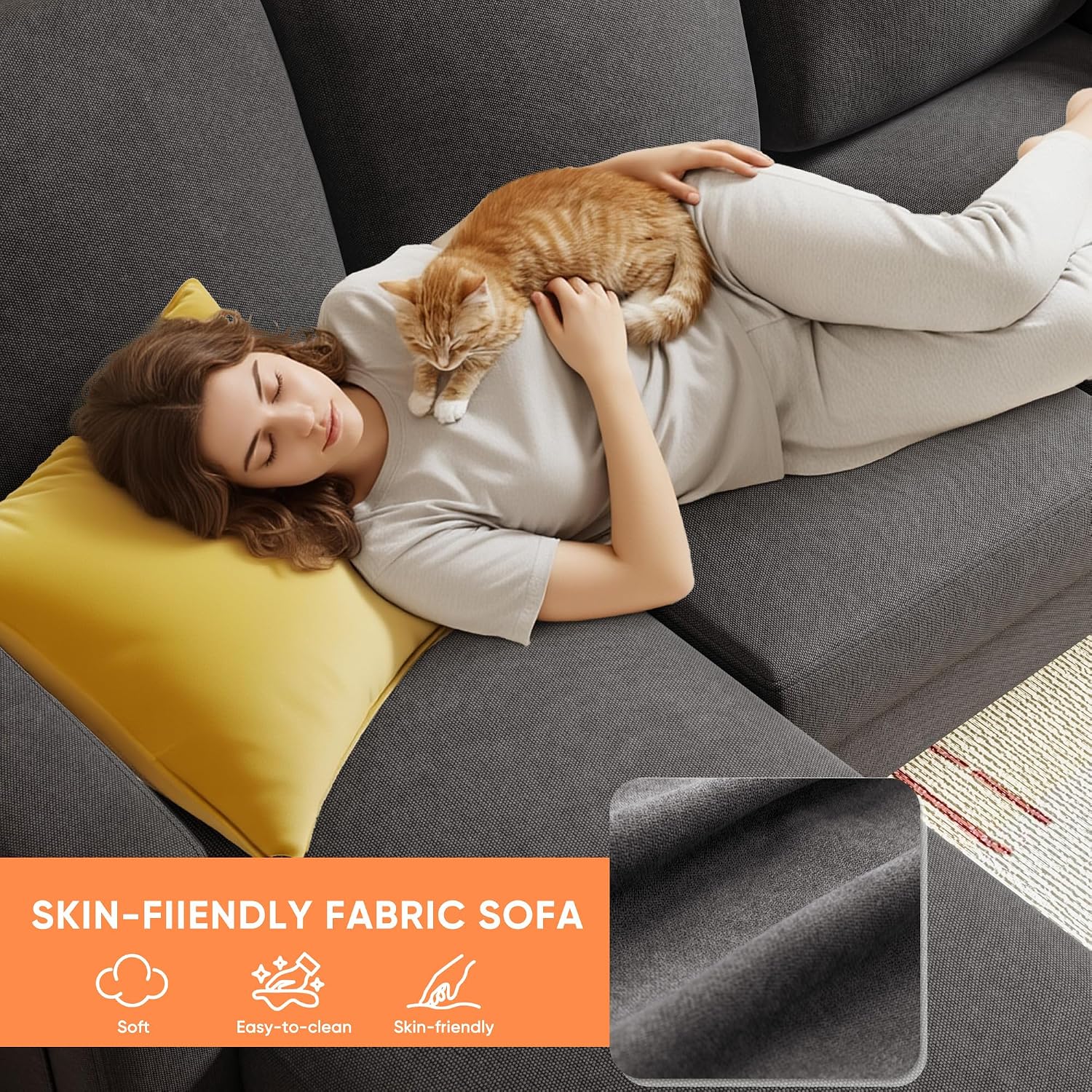 YESHOMY Couch for Living Room, Small L-Shaped Couch with Convertible Chaise, Comfy Sectional Sofa with Ottoman and Side Pockets for Small Space,Dark Grey