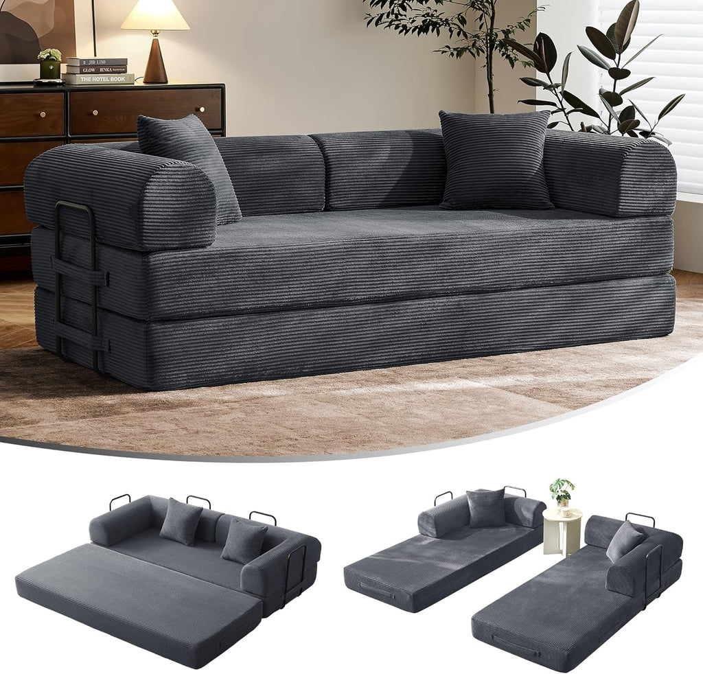79' Convertible Sofa Bed with Fixed-Shape Frame & Removable Armrests, Modular Corduroy Sleeper Sofa, Folding Mattress Couch for Small Spaces - No Assembly Needed in Dark Gray (Includes 2 Pillows)