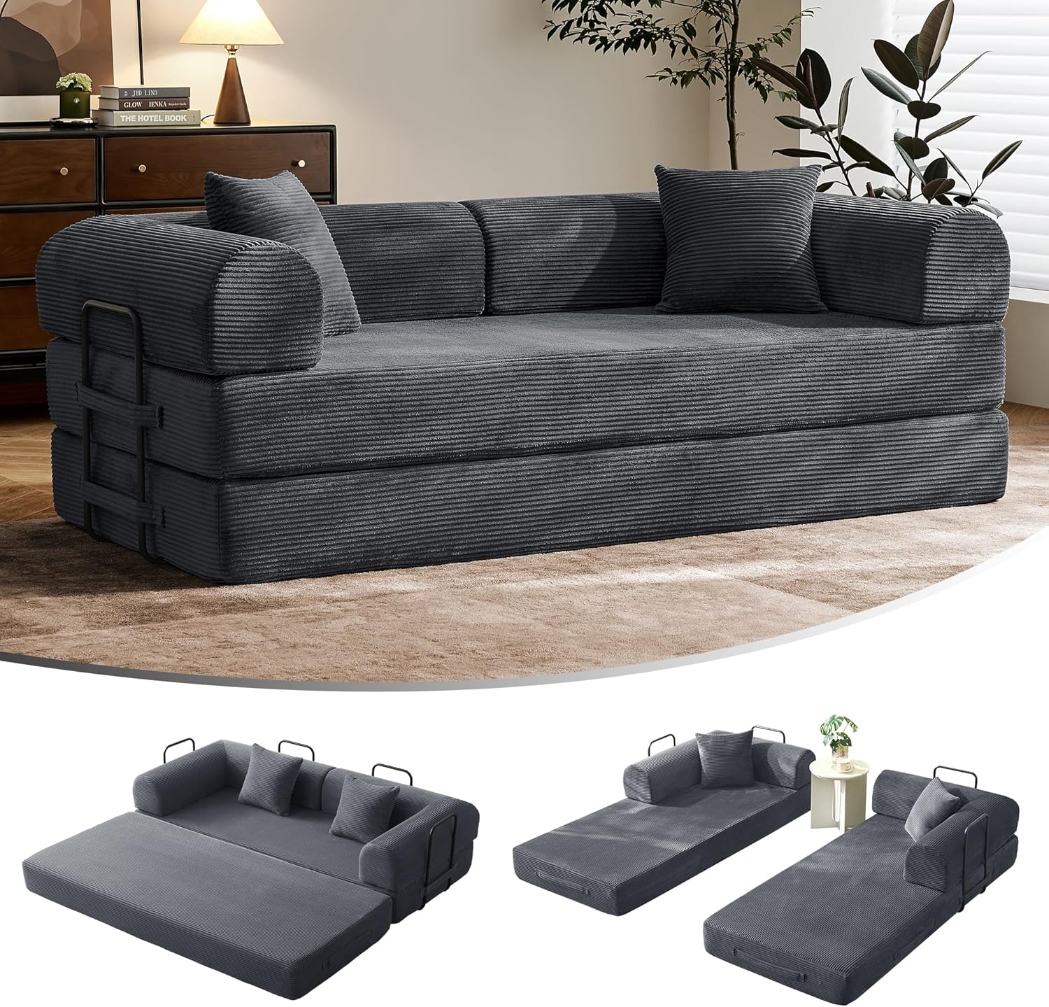 79' Convertible Sofa Bed with Fixed-Shape Frame & Removable Armrests, Modular Corduroy Sleeper Sofa, Folding Mattress Couch for Small Spaces - No Assembly Needed in Dark Gray (Includes 2 Pillows)