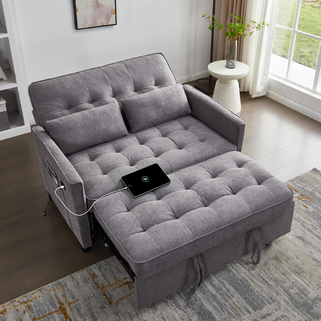Convertible Sofa Bed, 3 in 1 Pull Out Couch, Loveseat Sleeper with Side Pocket, Living Room Sofa with Adjustable Backrest | USB Charging Port | Two Pillows | Fabric | Dark Gray
