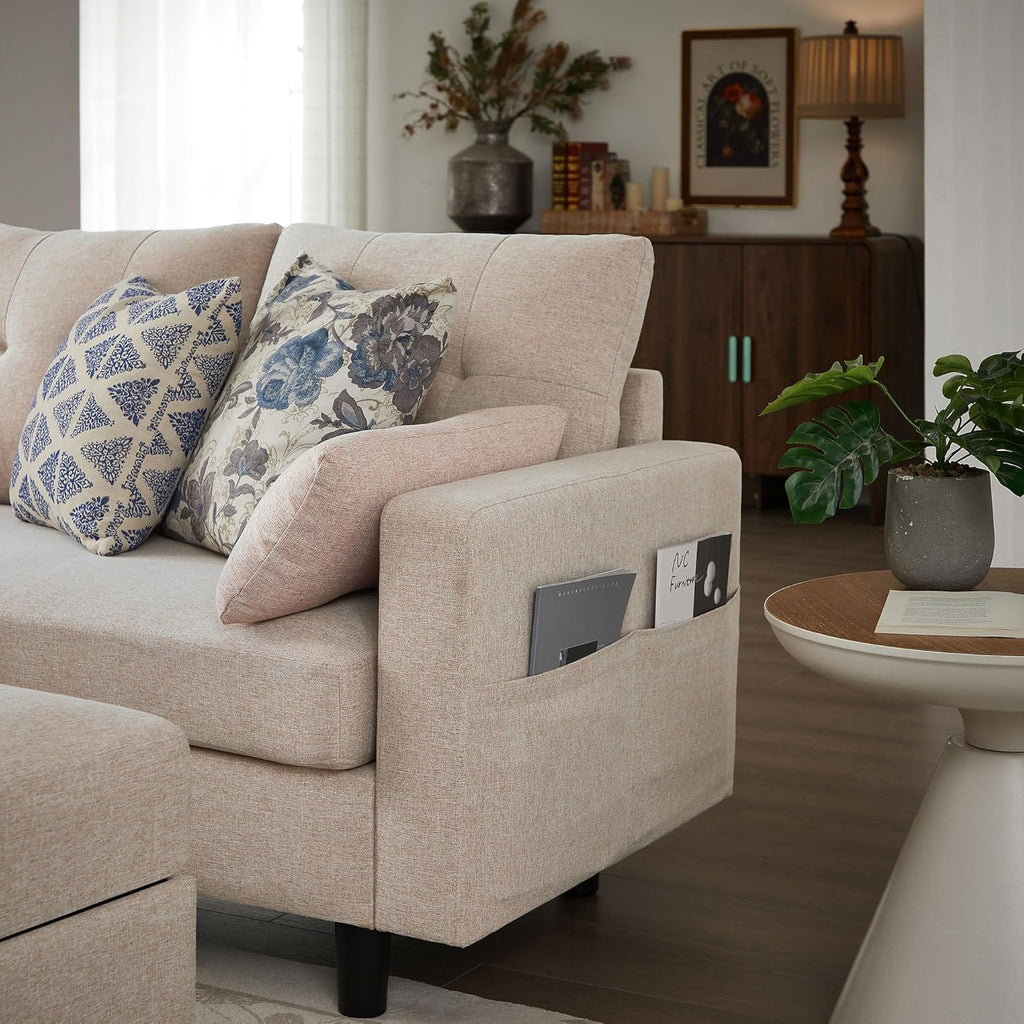 Convertible Sectional Sofa with Storage Ottoman Bench, 101' U Shaped Couch 4-Seat Sofa Set for Living Room/Apartment, Sectional Couch with Movable Ottoman, Beige