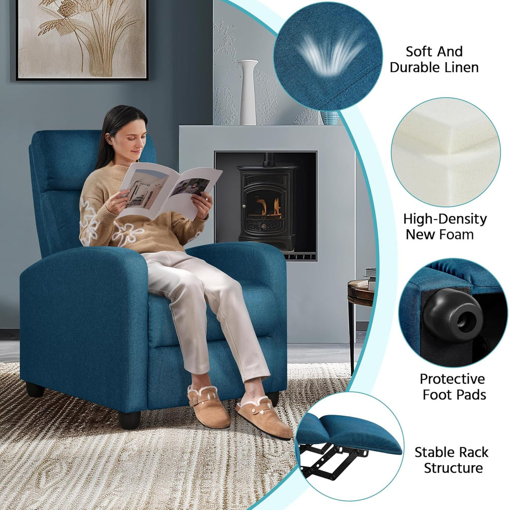 Yaheetech Recliner Chair Fabric Recliner Sofa with Lumbar Support High-Density Foam & Pocket Springs, Home Theater Seating Push Back Armchair for Living Room Blue