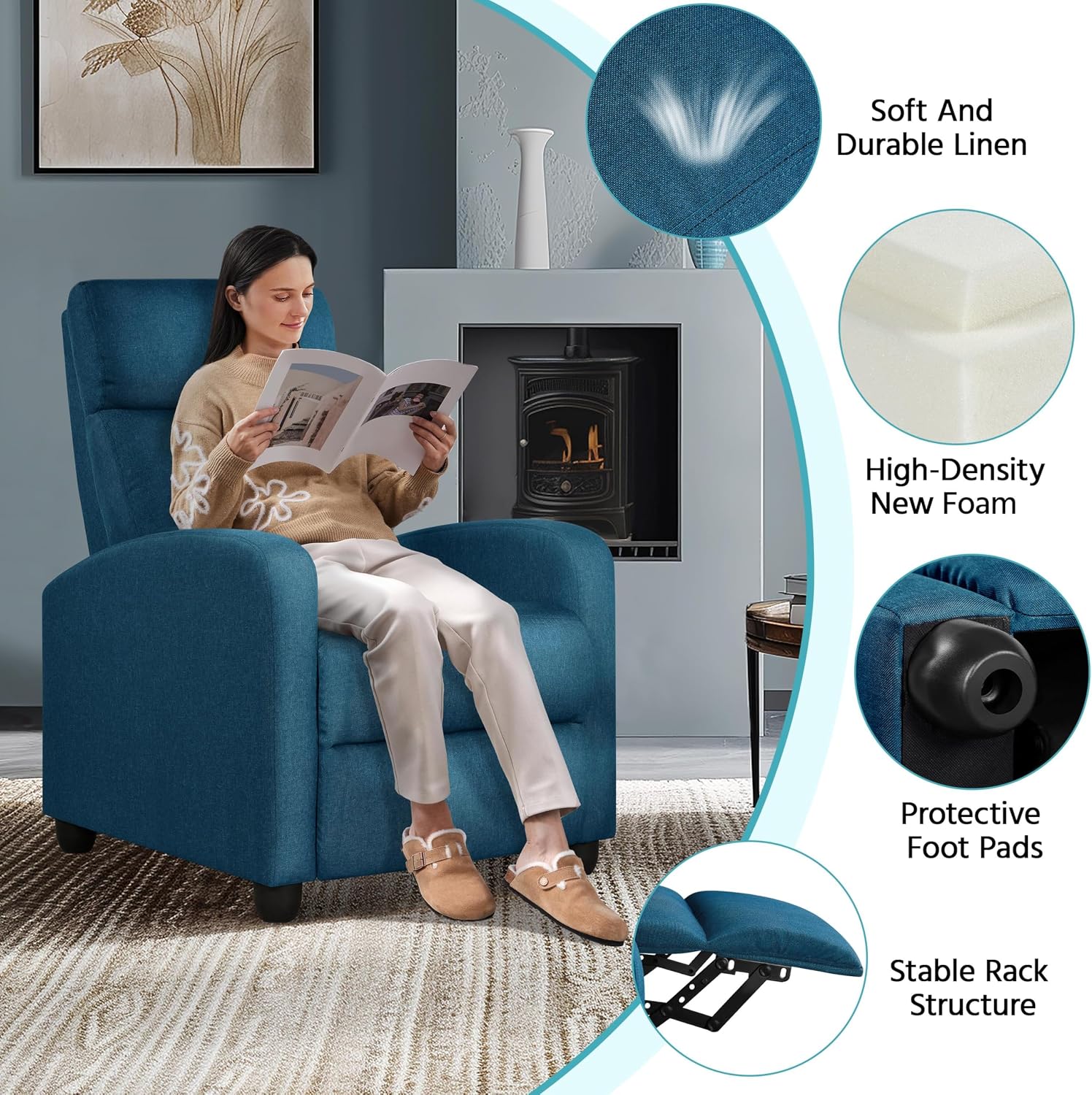 Yaheetech Recliner Chair Fabric Recliner Sofa with Lumbar Support High-Density Foam & Pocket Springs, Home Theater Seating Push Back Armchair for Living Room Blue