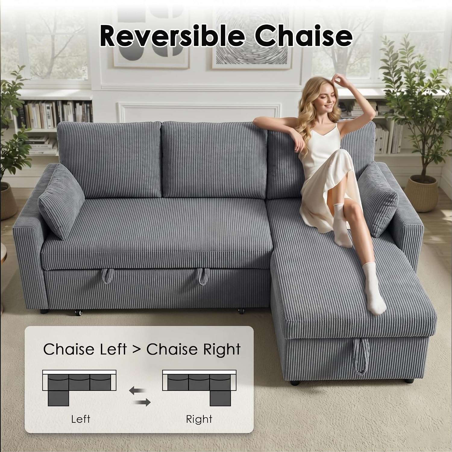 86in Reversible Sectional Sofa Couch, Sleeper Sofa Bed with Storage Chaise Pull Out Couch for Living Room (Ashgrey)