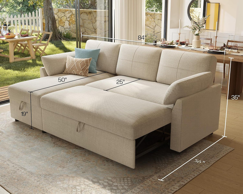 AMERLIFE Sofa Bed, 2-in-1 Sleeper Sofa with Storage Chaise, Pull Out Sofa Couch for Apartment Living Room, Linen Beige