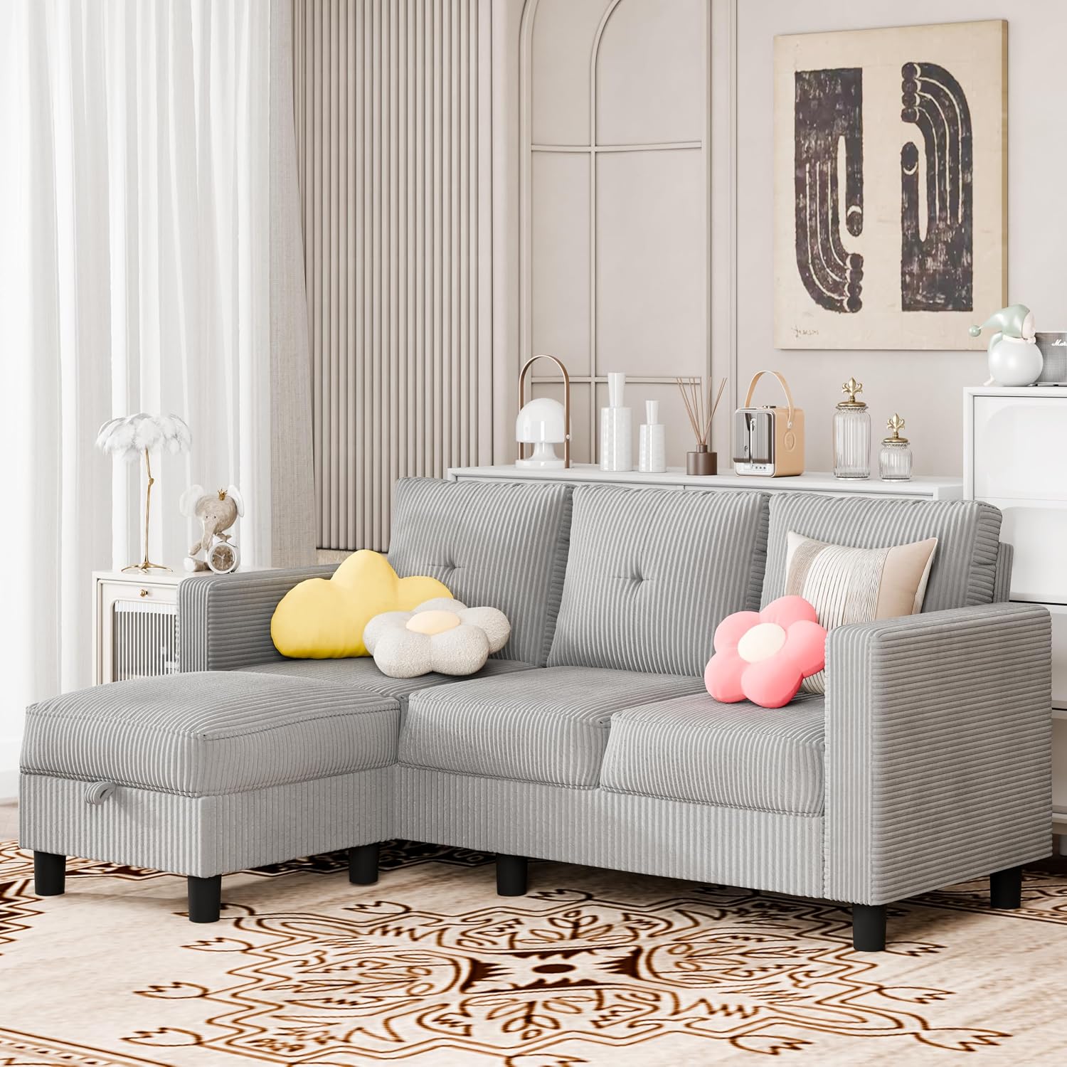 SUNLEI Convertible Sectional Sofa for Small Spaces, L Shaped Modular Sofa with Reversible Chaise & Ottoman Storage, 3 Seat Modern Small Couches for Living Room in Apartment, Linen Fabric, Light Grey