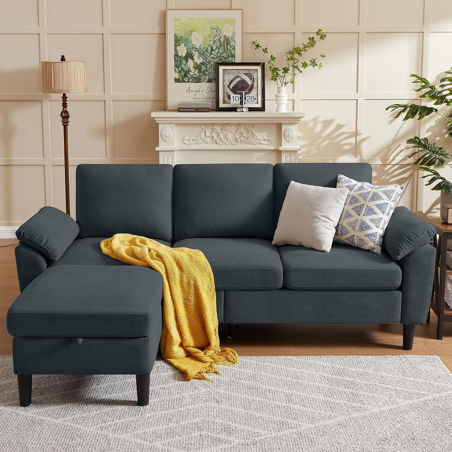 80' Convertible Sectional Sofa, Small L Shaped 3 Seat Couch with Reversible Storage Chaise, Modern Polyester Fabric Sofa Couches for Living Room, Apartment and Small Space, Dark Grey