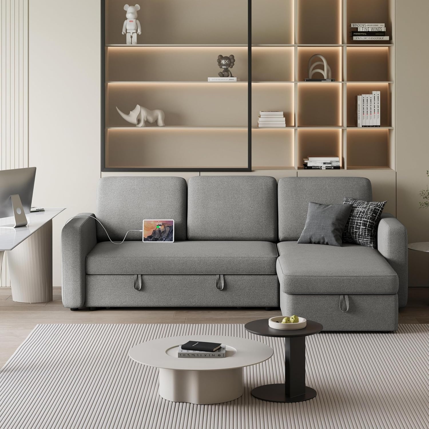 Yaheetech Sectional Sofa L-Shaped Sofa Couch Bed w/Chaise & USB, Reversible Couch Sleeper w/Pull Out Bed & Storage Space Living Room Light Gray