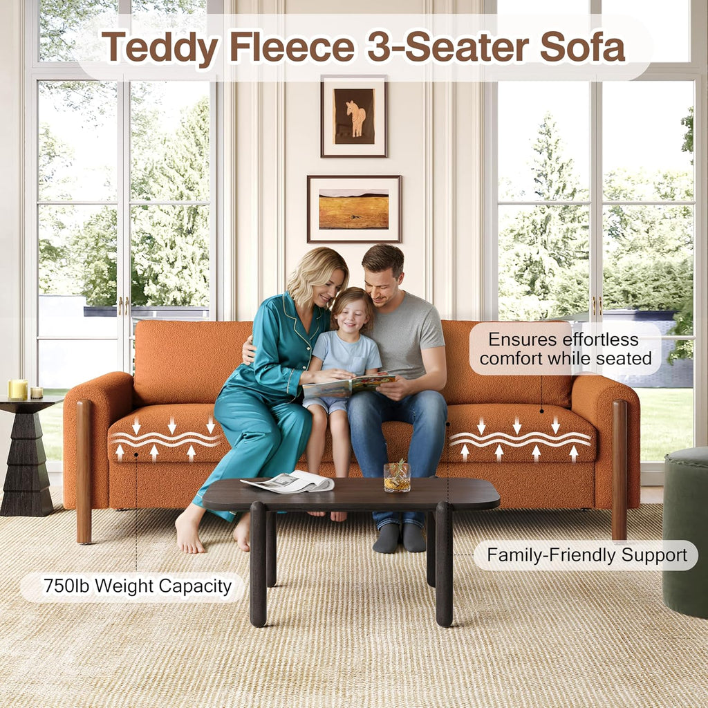 Christopher Knight Home Yadil Teddy Fleece Upholstered 3 Seater Sofa Couch, Wooden Home Sofa Living Room, Comfy Cloud Couch for Bedroom, Home Office, Orange